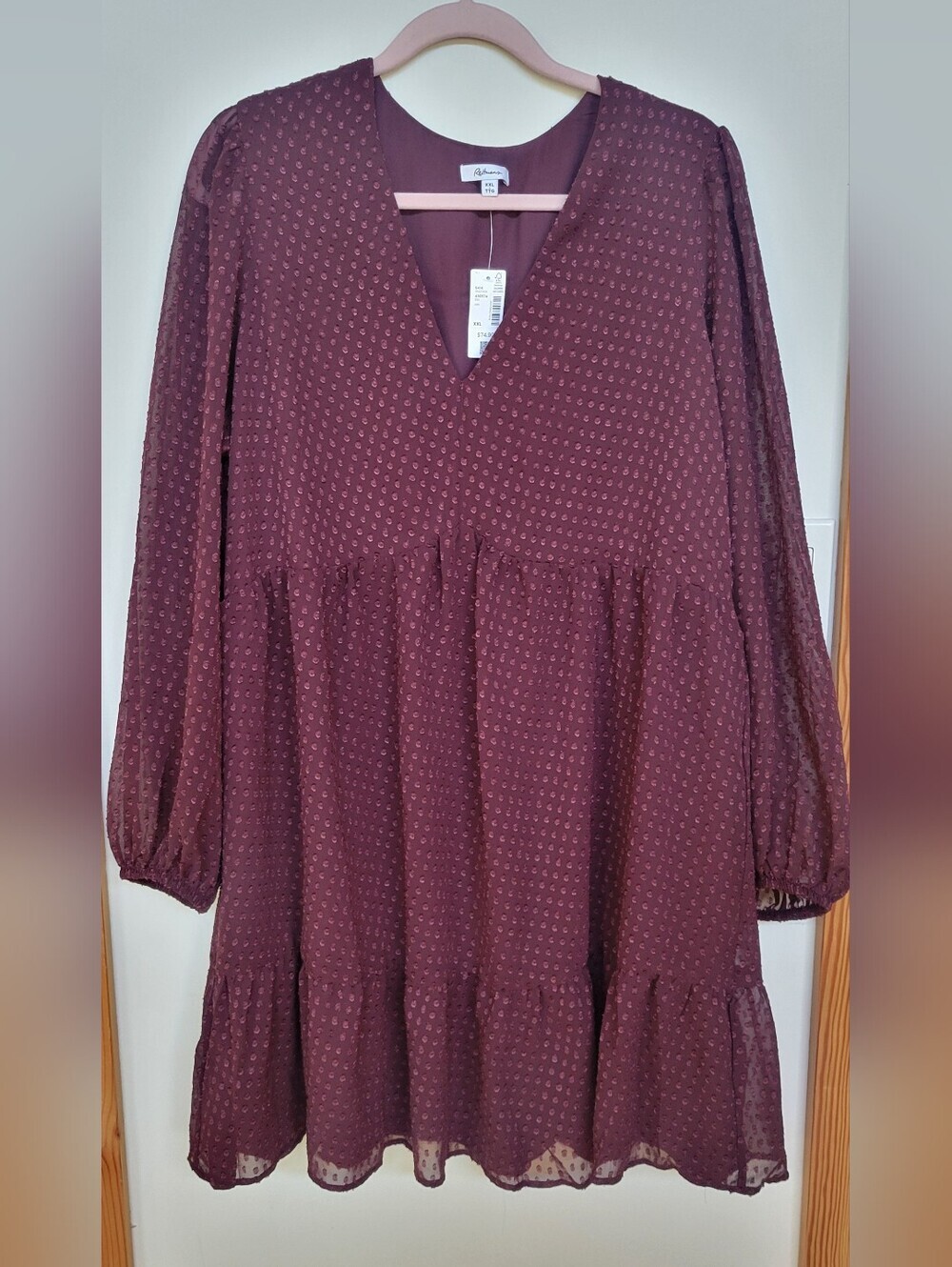 Baby Doll Burgundy Long Sleeve Dress-Reitmans - Picture 2 of 5